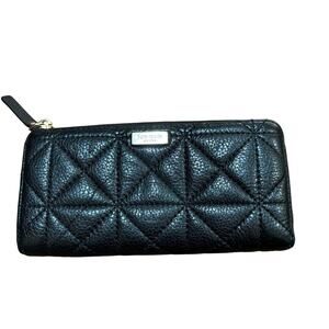 Kate spade black quilted leather wallet zip top clutch purse gold tone hardware